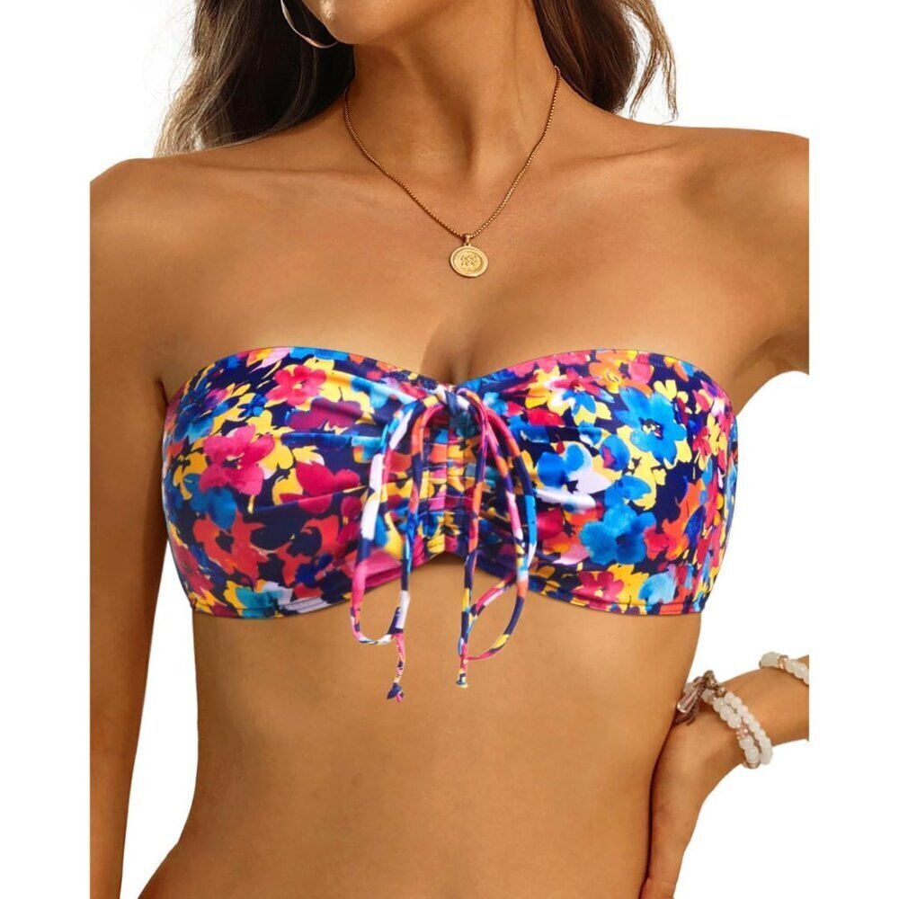 Women Floral Bandeau Bikini Top Strapless Swimsuit Two-Way Wear Medium
